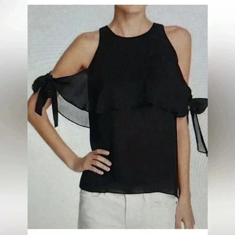 RAMY BROOK 100% SILK LUXURY BLACK COLD SHOULDER RUFFLE TOP BLOUSE SIZE SMALL NEW - Picture 5 of 15